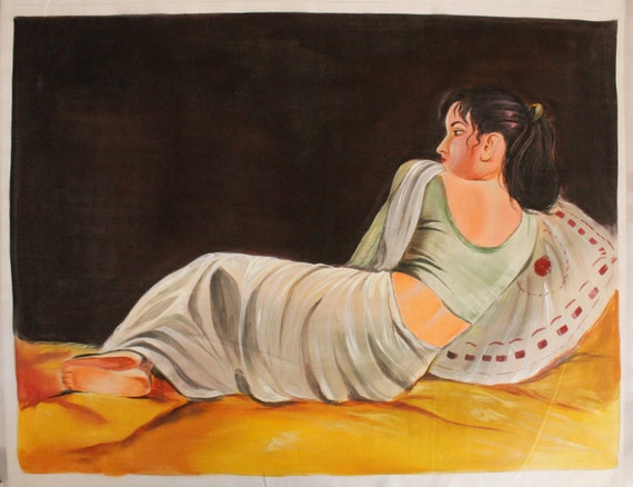 トップ シルク布に描かれたインド人女性の水彩画（手作りの写実的な 絵画