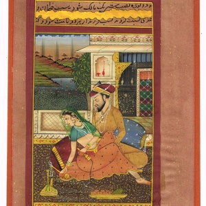 Dipinto in miniatura indiano raffigurante un re e una regina in uno stato d'animo romantico sulla terrazza, 15x24 cm / Dipinto a mano con scena d'amore su carta per decorazioni murali
