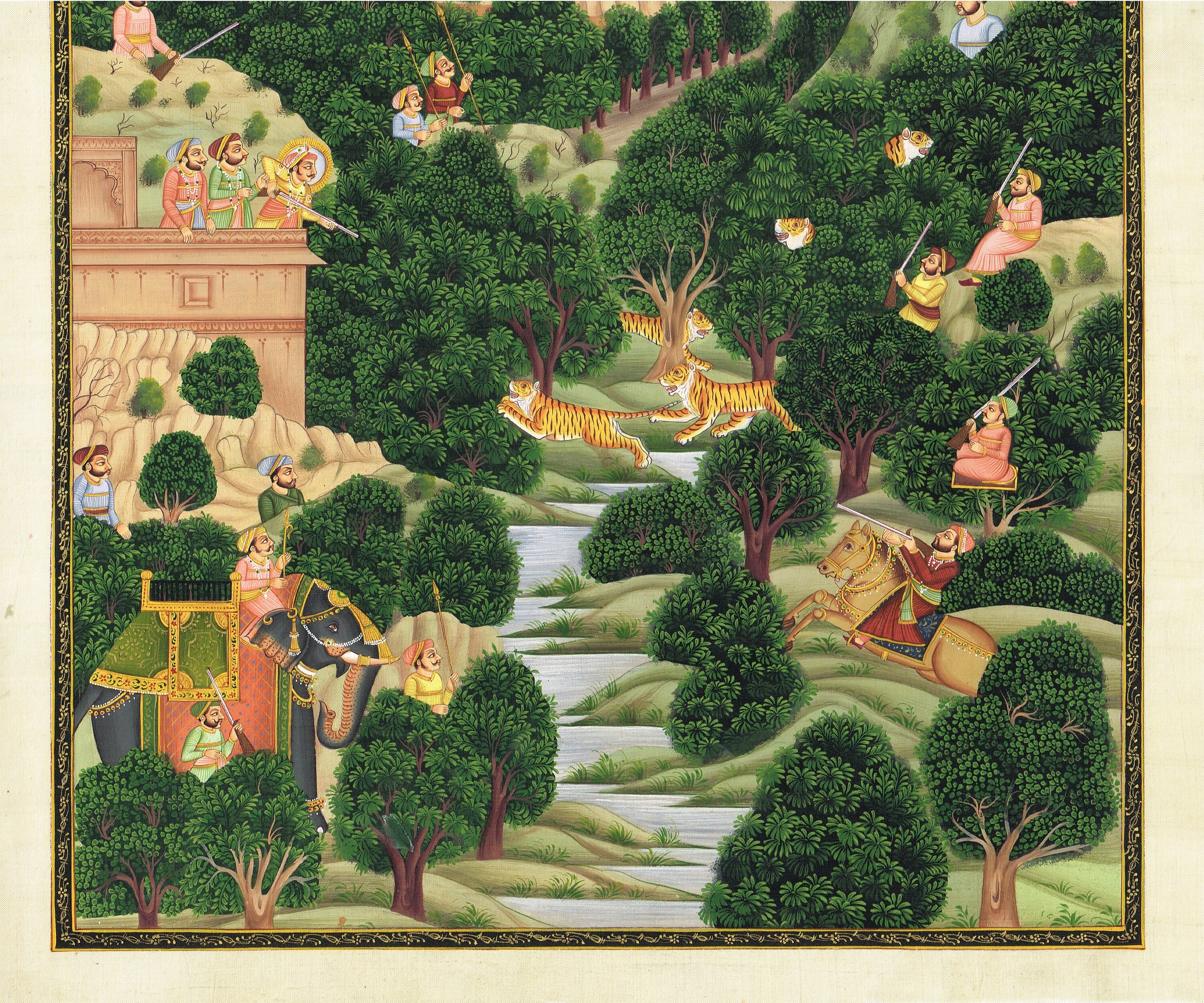 Vintage Indian Miniature Painting: Hunting Scene Art on Silk (13.5