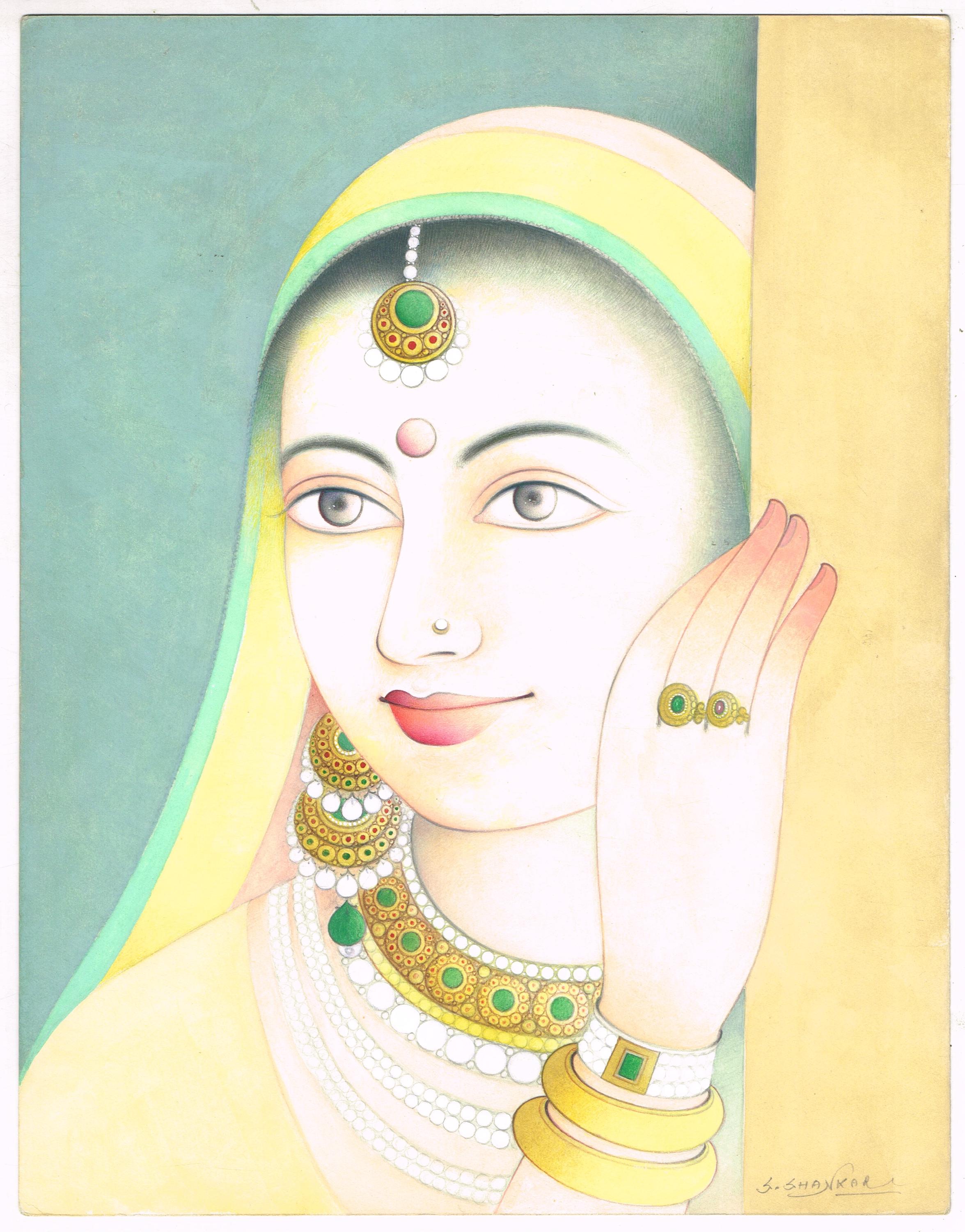 美しいインド人女性のインドミニチュア絵画 紙にハンドメイドされた 