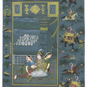 Dipinto in miniatura indiano dell'imperatore Mughal con donne in scena d'amore 6x8,5 pollici / Arte Mughal Harem su carta / Dipinto d'arte Mughal d'epoca