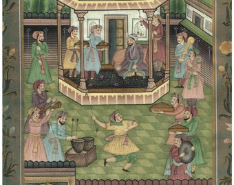 Handmade Persian Court Scene Miniature Painting on Silk (15.5x21.5 Inches)