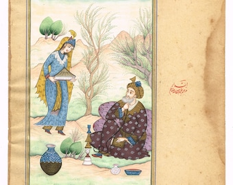 Persian Miniature Painting: Woman and Man in Garden, Fine Art (7.5x9.5 Inches)