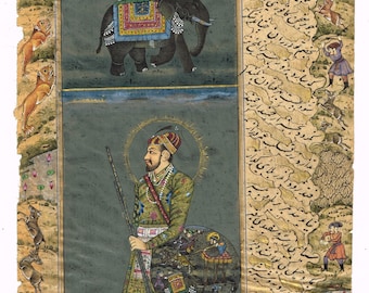 Portrait Painting Of Mughal Emperor Shahjahan Standing With Dhaal And Lion On Paper 5x9 Inches | Home Decor Mughal Emperor Painting For Wall