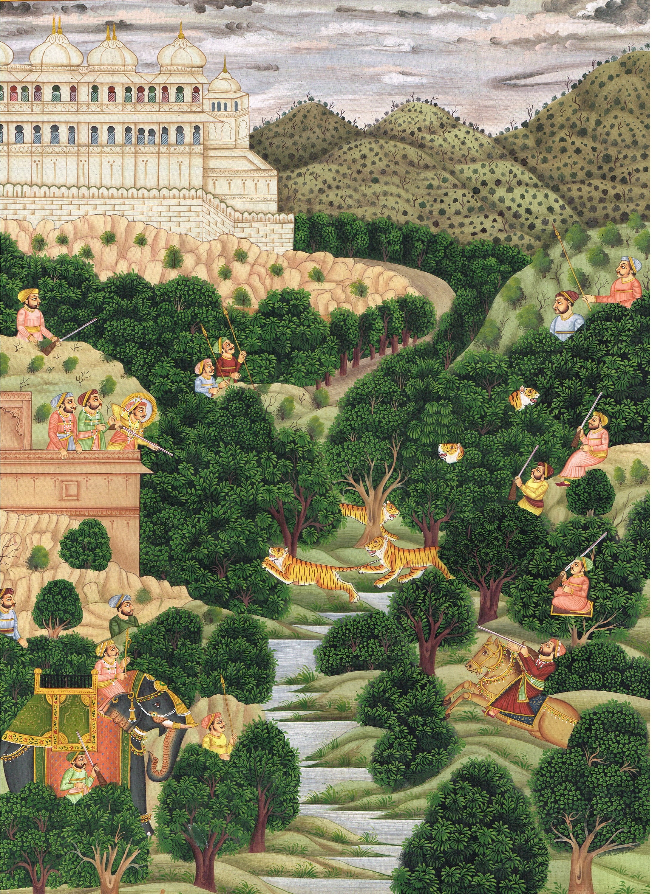 Vintage Indian Miniature Painting: Hunting Scene Art on Silk (13.5