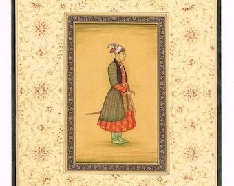 Handgemaakte Mughal-portretschildering: Sultan Azim Al-Din Vintage Art