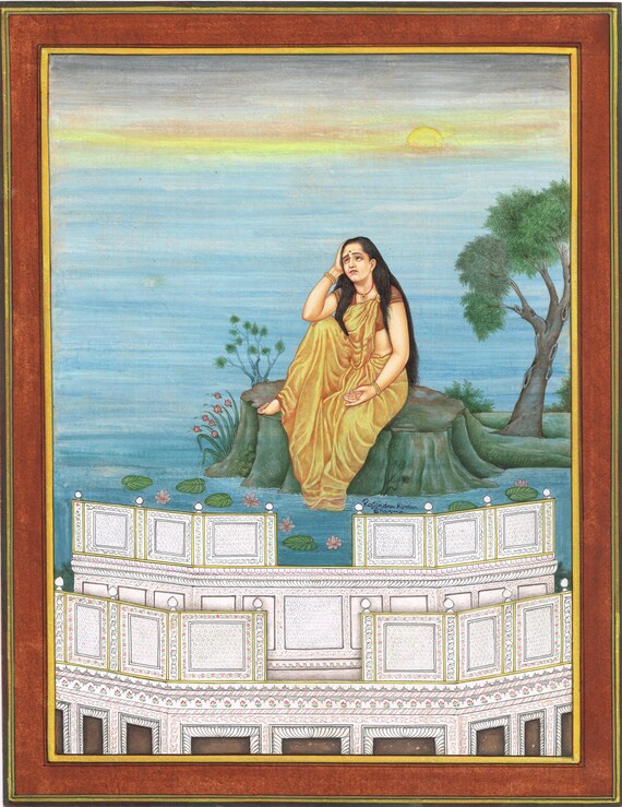 Gouache Virahini Nayika Painting: Indian Miniature Art, Real Gold