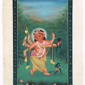 Handmade Lord Ganesha Painting Of Hindu Religious Art On Silk Cloth | Religious Art For Wall Hanging | Lord Ganesha Dancing Art With Rat