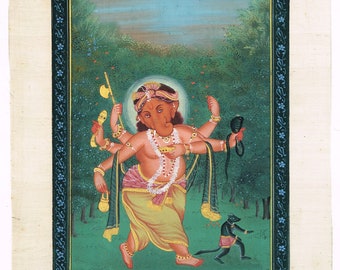 Pintura del Señor Ganesha hecha a mano: arte religioso hindú sobre seda