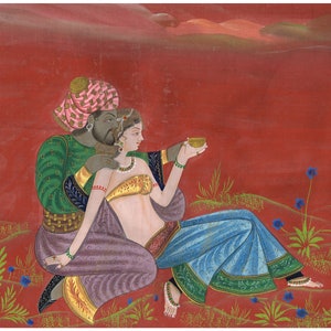 Vintage Art - Indian Miniature Painting Of King And Queen Love Scene On Cloth 22x16.5 Inches | Handmade Rajasthani Love Art For Gifting