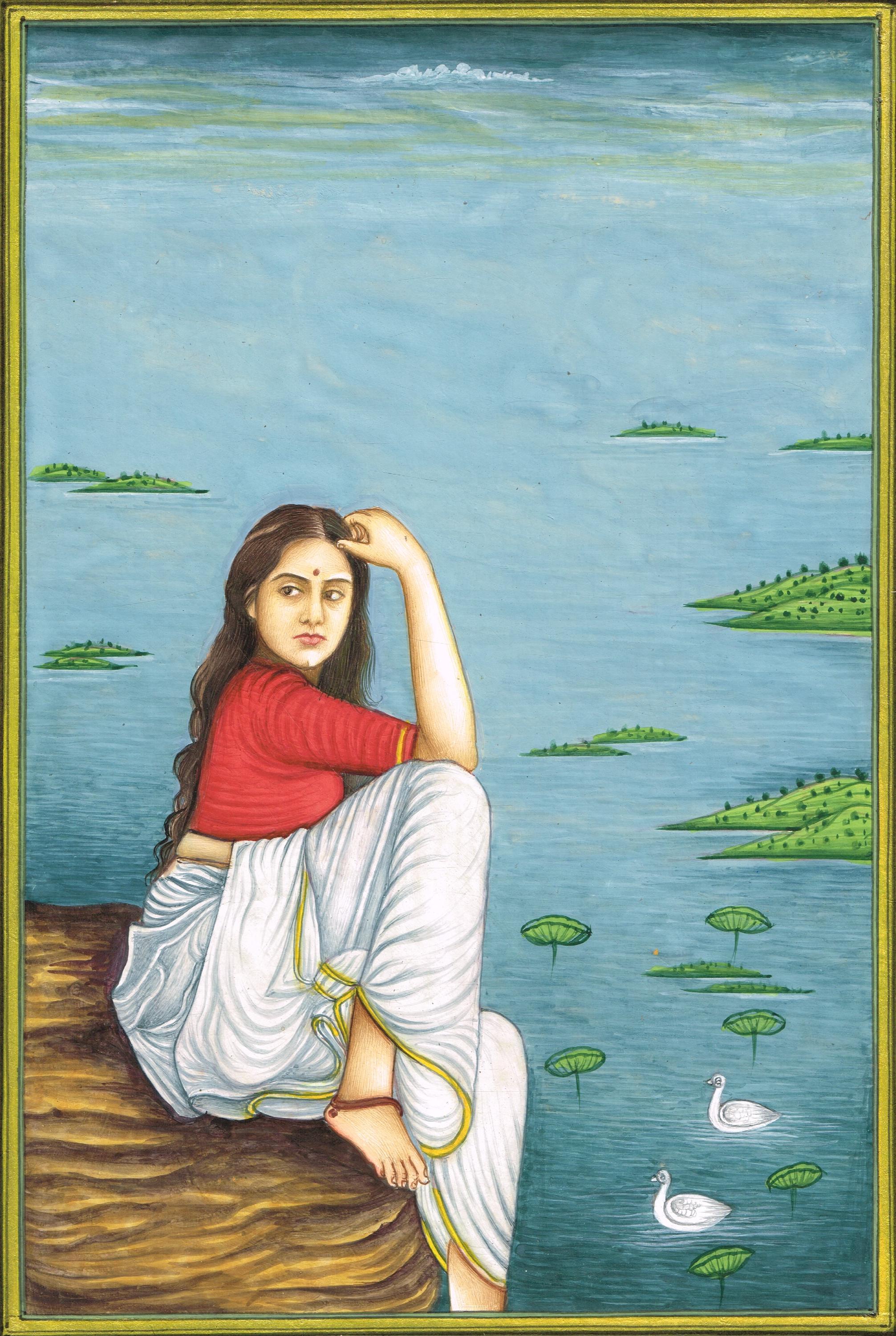 Handmade Indian Miniature Painting: Woman by Lake, Fine Art (7x10