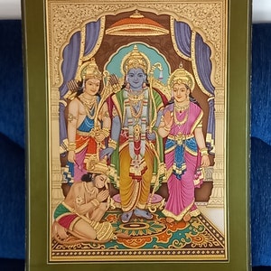 Handmade Ram Darbar Painting: Hindu Religious Art with Gold Ink (18x24 Inches)