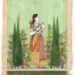 Vintage Indian Queen Portrait: Handmade Ragini Art on Paper (5.5x8.5)