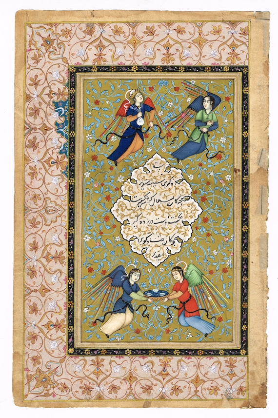 ペルシャ細密画：イスラムの天使、本物の金インク、手作りの
