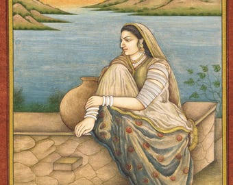 Indian Miniature Painting, Woman by Lake, Stone Colors, Squirrel