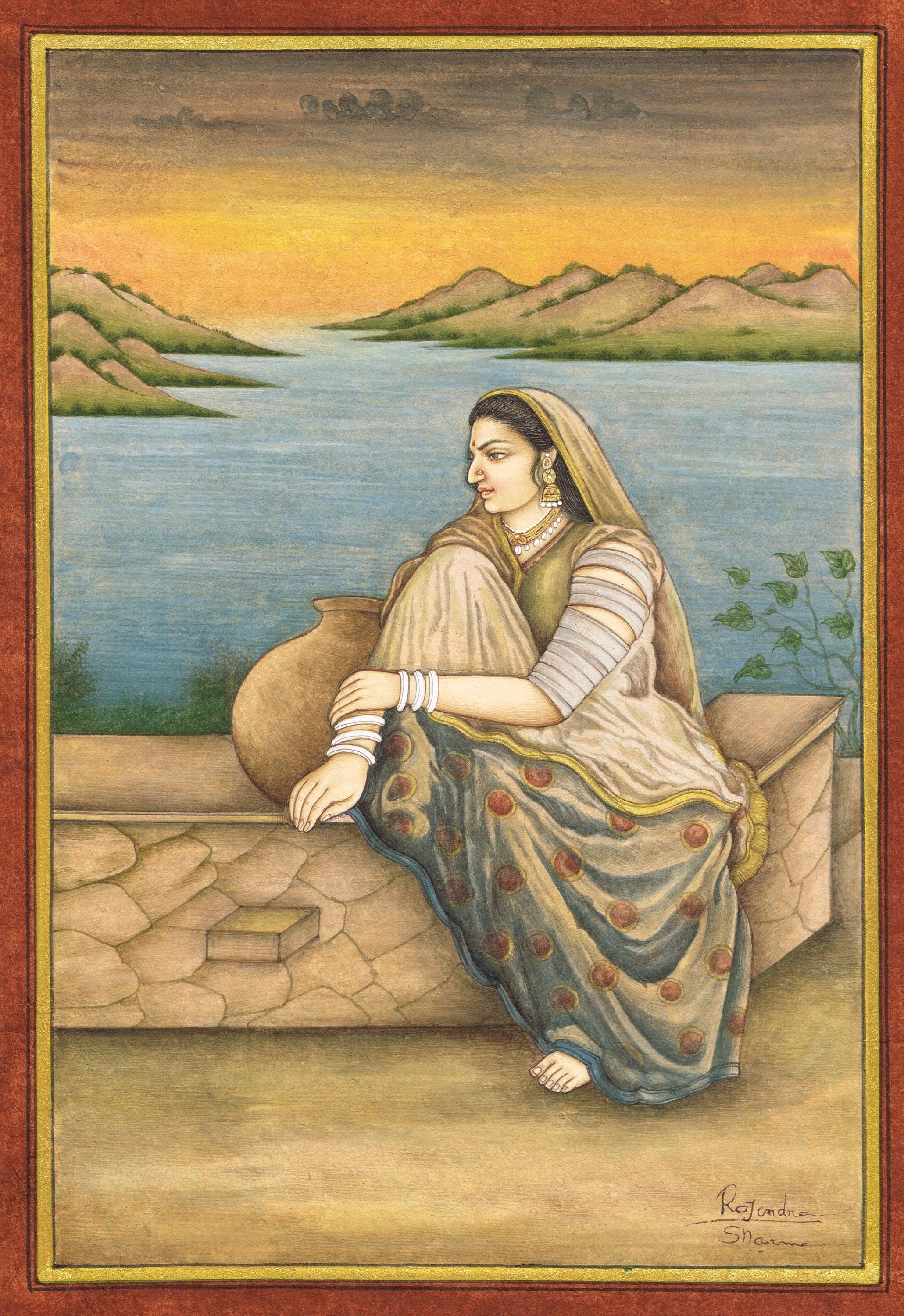 Indian Miniature Painting, Woman by Lake, Stone Colors, Squirrel