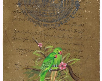 Birds Miniature Painting Of Parrot Birds On Old Stamp Paper 8.5x13.5 inches | Parrot Bird Art For Wall Hanging | Handmade Birds Art For Gift