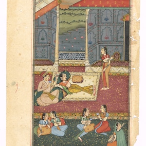 Vintage Mughal Harem Art: Indian Miniature Painting of Emperor and Empress