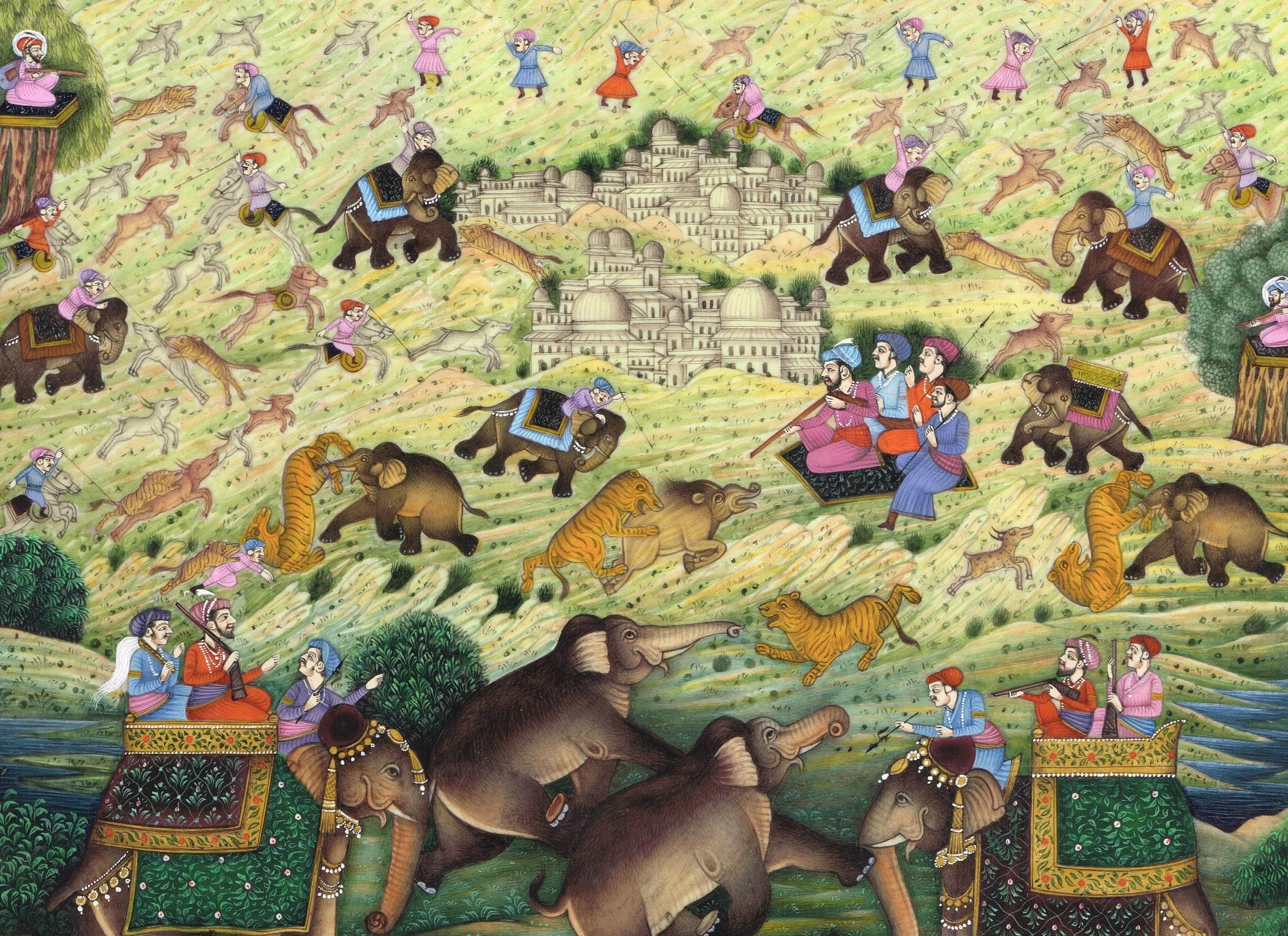 ムガル帝国の狩猟風景ミニチュア絵画：インド王、野生動物（9x8インチ
