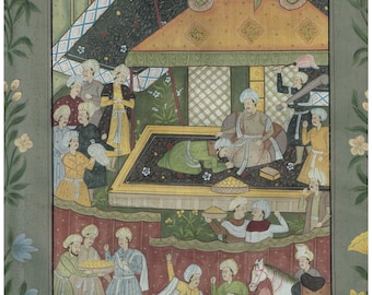 Handmade Persian Court Scene Painting on Silk: Islamic Miniature Art (16x21.5 Inches)