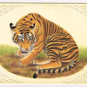 Hand Miniature Painting Of Tiger Wildlife Nature Art On Synthetic Plate 7x5 Inches | Handmade Animal Art For Gifting | Tiger Painting