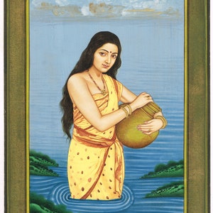 Handmade Indian Miniature Painting: Woman with Water Pot, Fine Art (8x11.5)