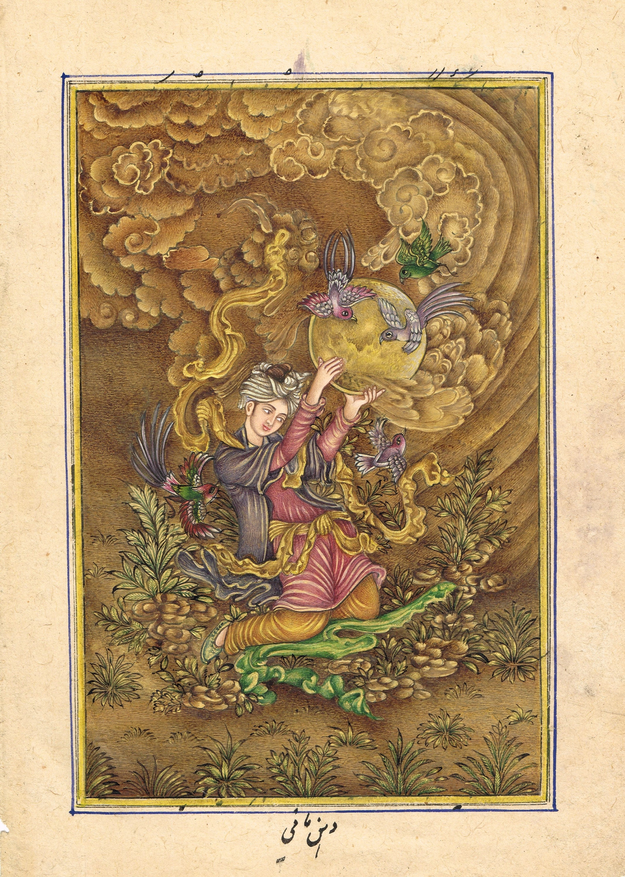 ヴィンテージペルシャ細密画：鳥を連れた女性、本物の金インク（6.5x9