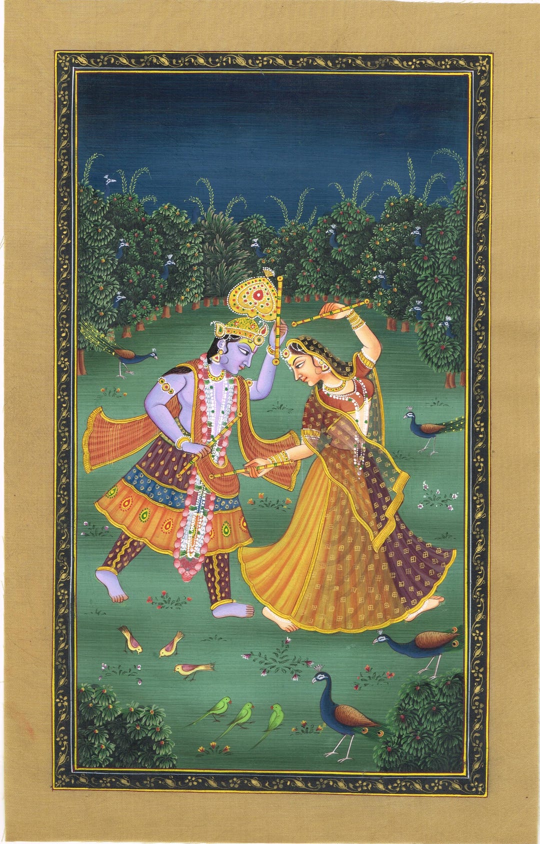 Radha Krishna Painting of Radha Krishna Dancing Art on Silk Cloth 7x11 ...