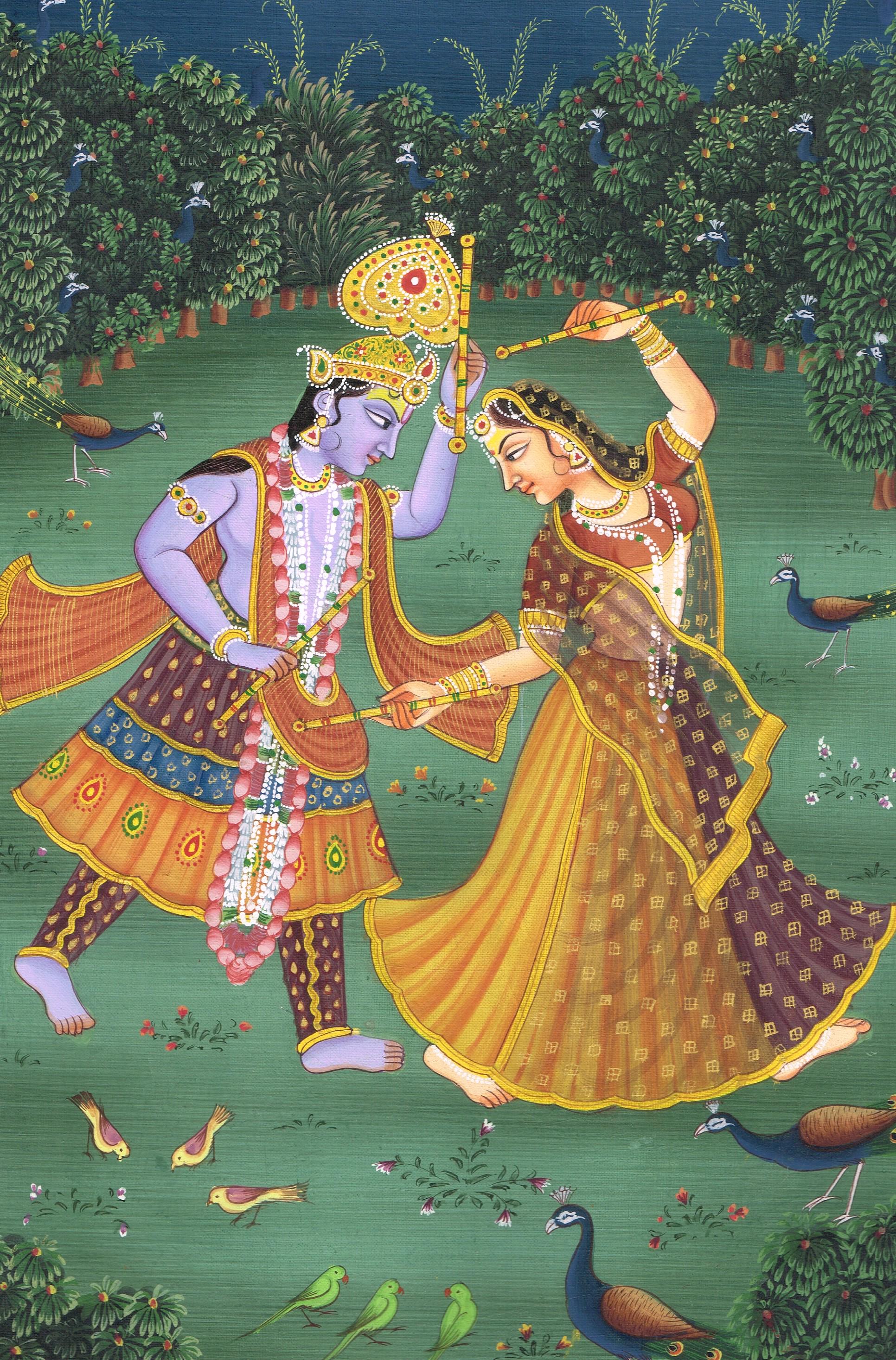 Radha Krishna Painting of Radha Krishna Dancing Art on Silk Cloth 7x11 ...