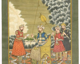 Vintage Mughal Art Painting: Emperor Receiving Message, Real Gold Ink (8x11.5 Inches)