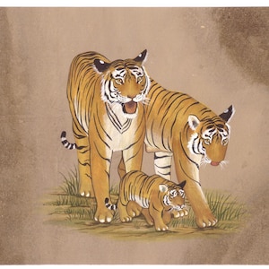 Dipinto in miniatura di tigre con cucciolo di tigre, belle arti su carta, 9x6,5 pollici / Decorazione per la casa, arte della tigre / Arte della fauna selvatica per appendere alla parete