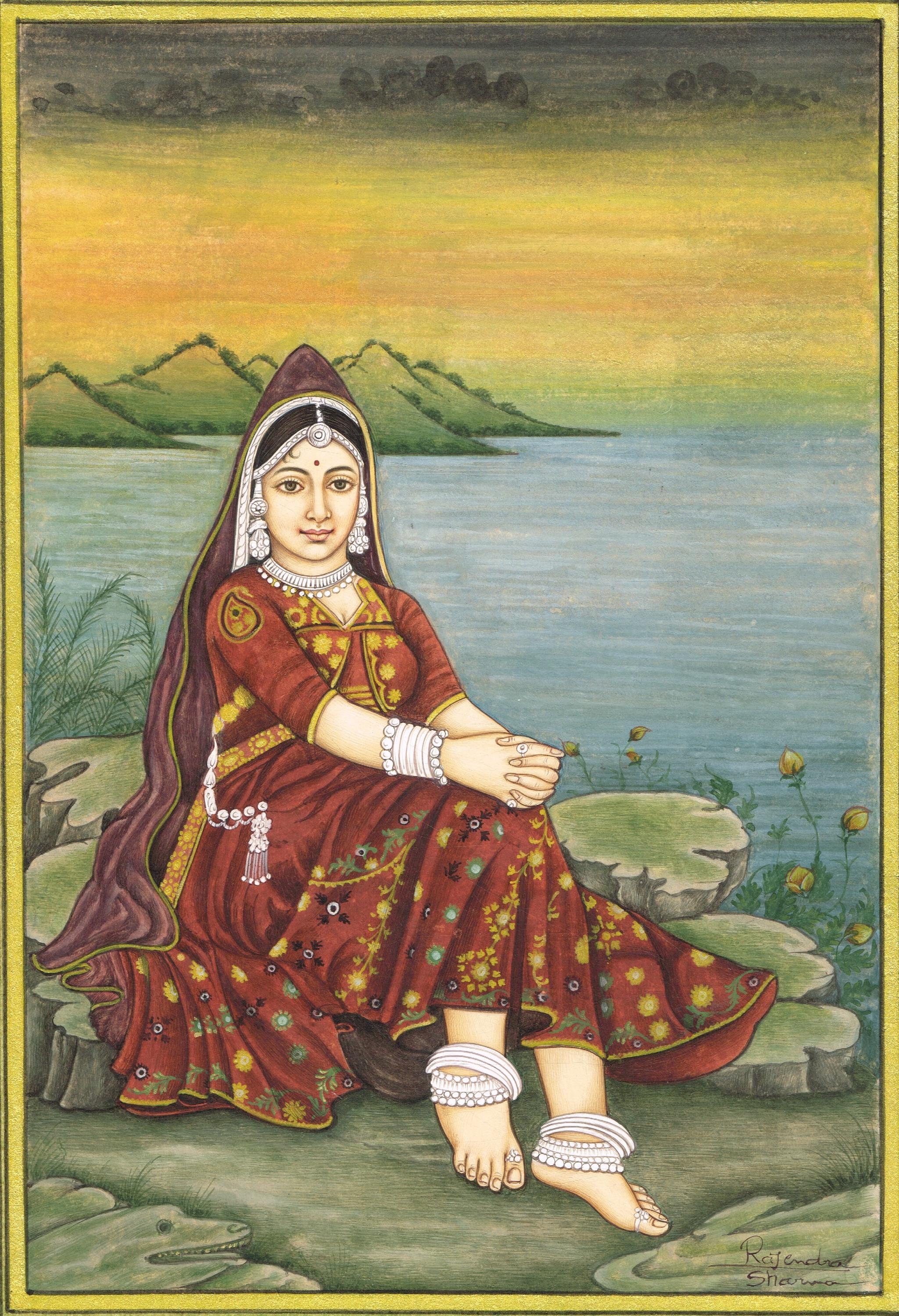 手作りのカシミール女性のミニチュア絵画：インドのグアッシュアート