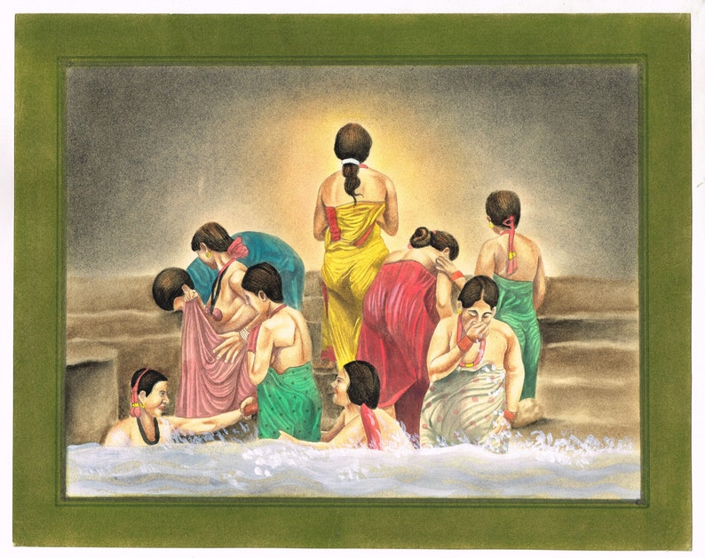 Indian Miniature Painting Of Women Bathing At Lake On Paper | Handmade Nude Indian Women Art | Nude Women Art For Wall Decor | Lady shops Painting