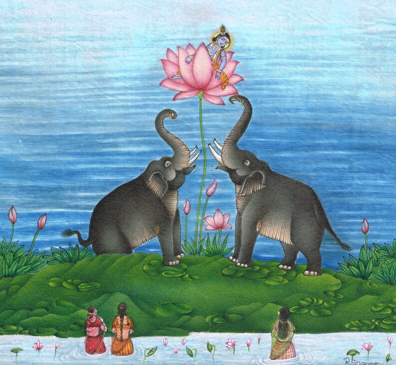 Lord Krishna Miniature Painting: Hindu Religious Art With Elephant (10 ...