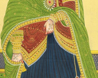 手作りのインド細密画：アムリトサリの女性の肖像画、ヴィンテージの