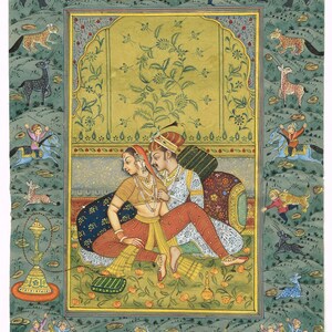 Indian Miniature Painting Of Mughal Emperor Akbar And Empress Jodha Bai in Love Scene, Border Is Decorated With Hunting Scene 6x9 Inches