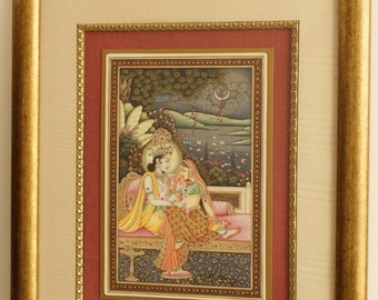 Radha Krishna Painting Decorated With Real Emerald Ruby And Pearl Hand Miniature Finest Art Work On Paper | 12x14 Inches | Radha Krishna Art