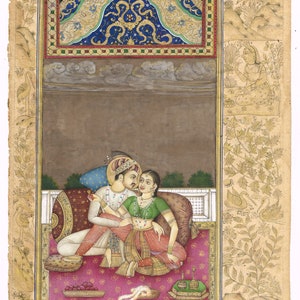 Hand Miniature Old Painting Of Mughal Emperor Akbar And Empress Jodha Bai Love Scene Gouache Pigments And Pure Gold On Paper 6x10 inches
