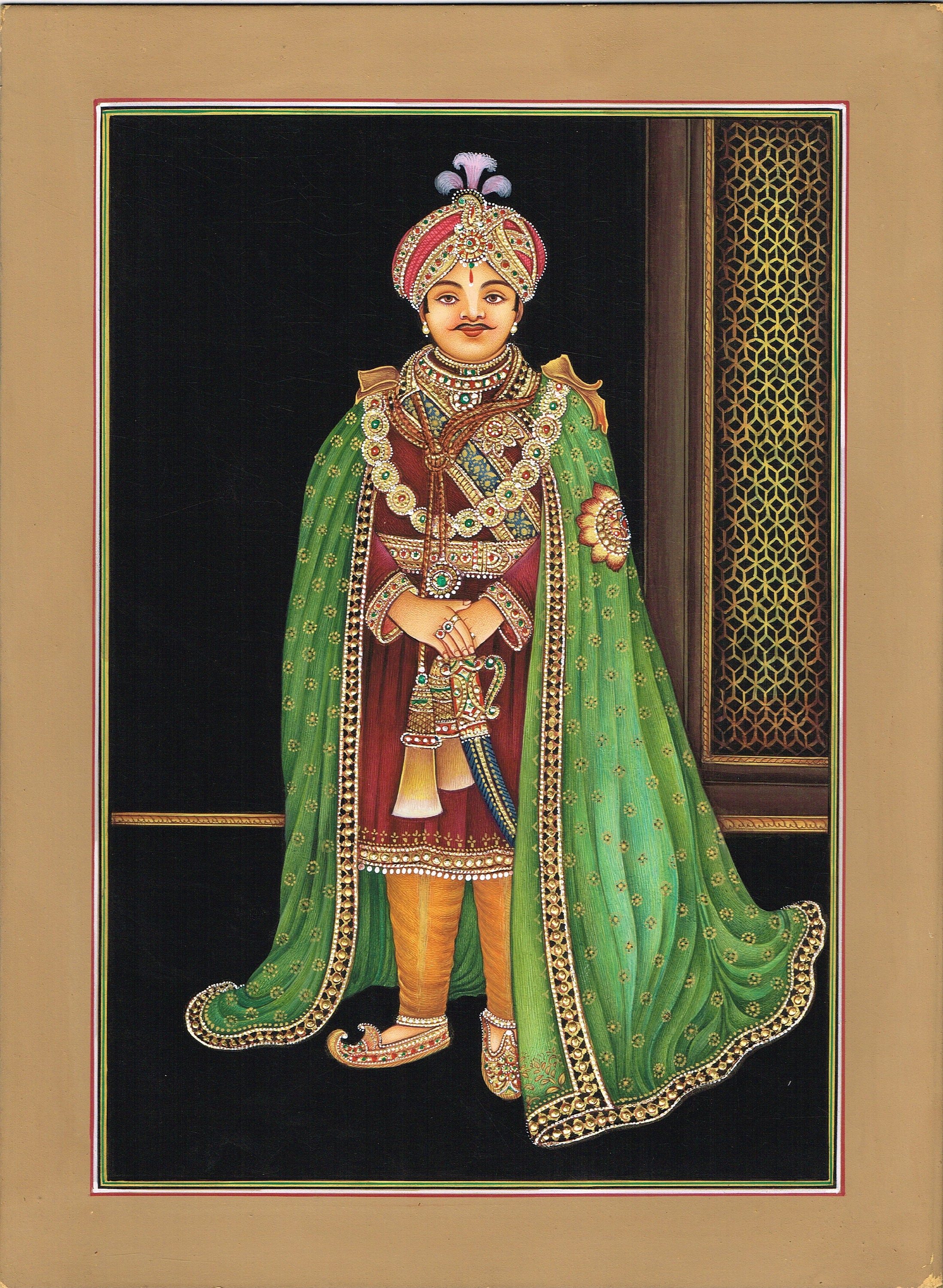 インド・マハラジャ絵画5点セット/額装入り ミニチュアマハラジャ絵画：紙に描かれたヴィンテージインド肖像画
