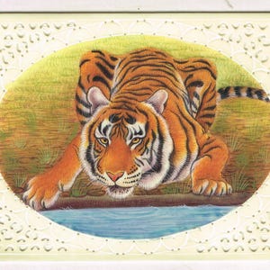 Hand Miniature Painting Of Tiger On Synthetic Plate 4x3 Inches | Handmade Animal Art For Wall Gifting | Tiger Painting For Wall Hanging
