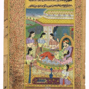 Vintage Art | Indian Miniature Painting Of Mughal Emperor & Empress Enjoying Hookah With Drink Love Scene Art | Mughal Harem Art Painting