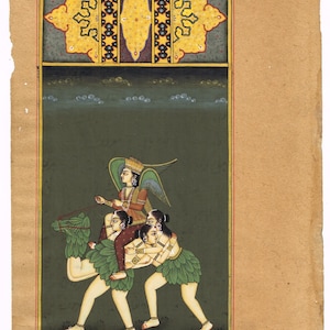 Dipinto in miniatura indiano raffigurante il dio indù dell'amore Kama Dev seduto su un cammello di fantasia composto da tre donne, 6,5 x 11 pollici / Arte indiana vintage su carta
