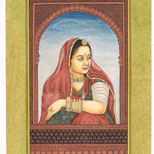 Handmade Rajasthani Miniature Painting: Indian Woman Portrait, 7x10 Inches