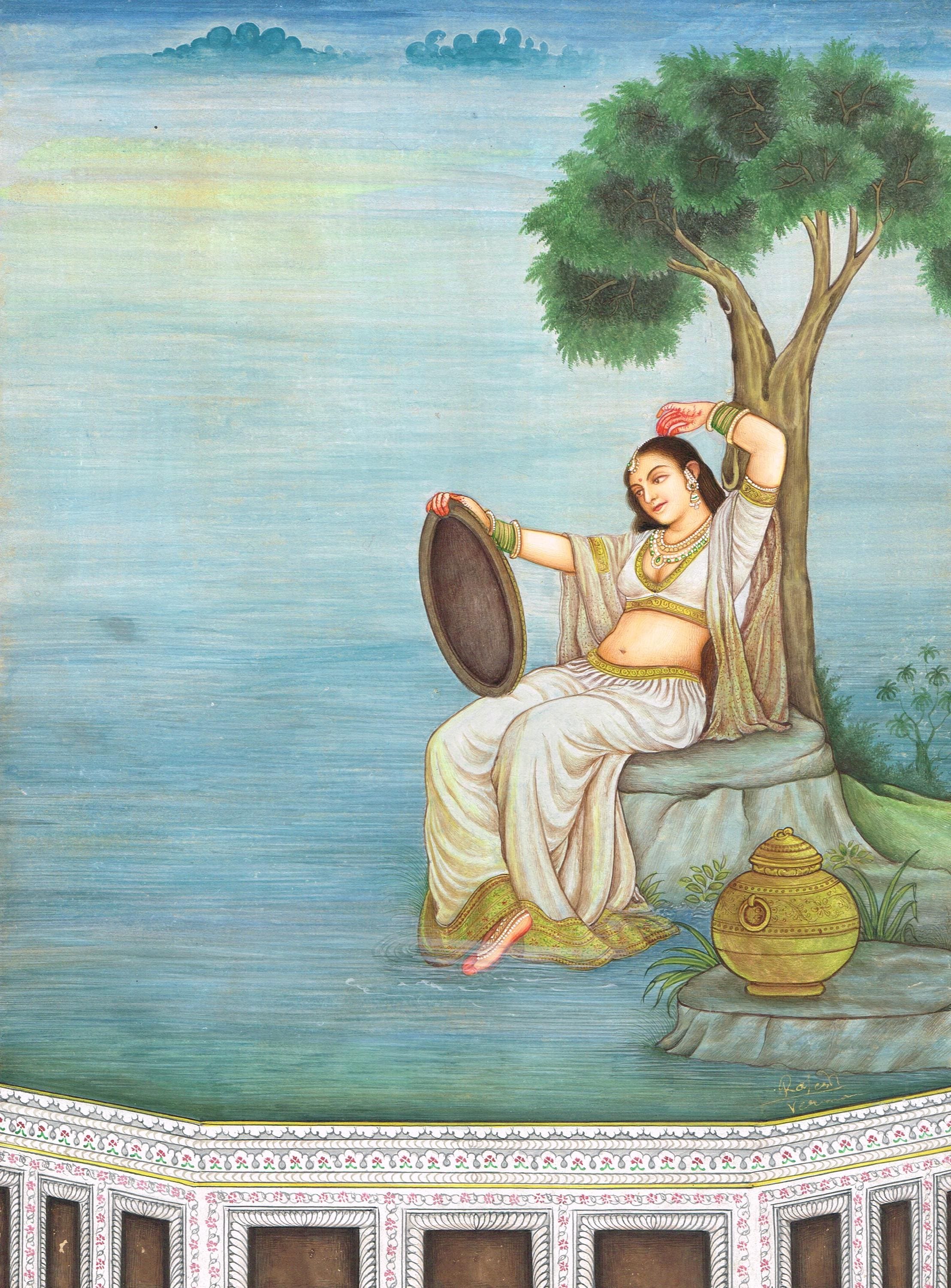 Miniature Indian Art Painting: Woman Under Tree With Mirror, Real
