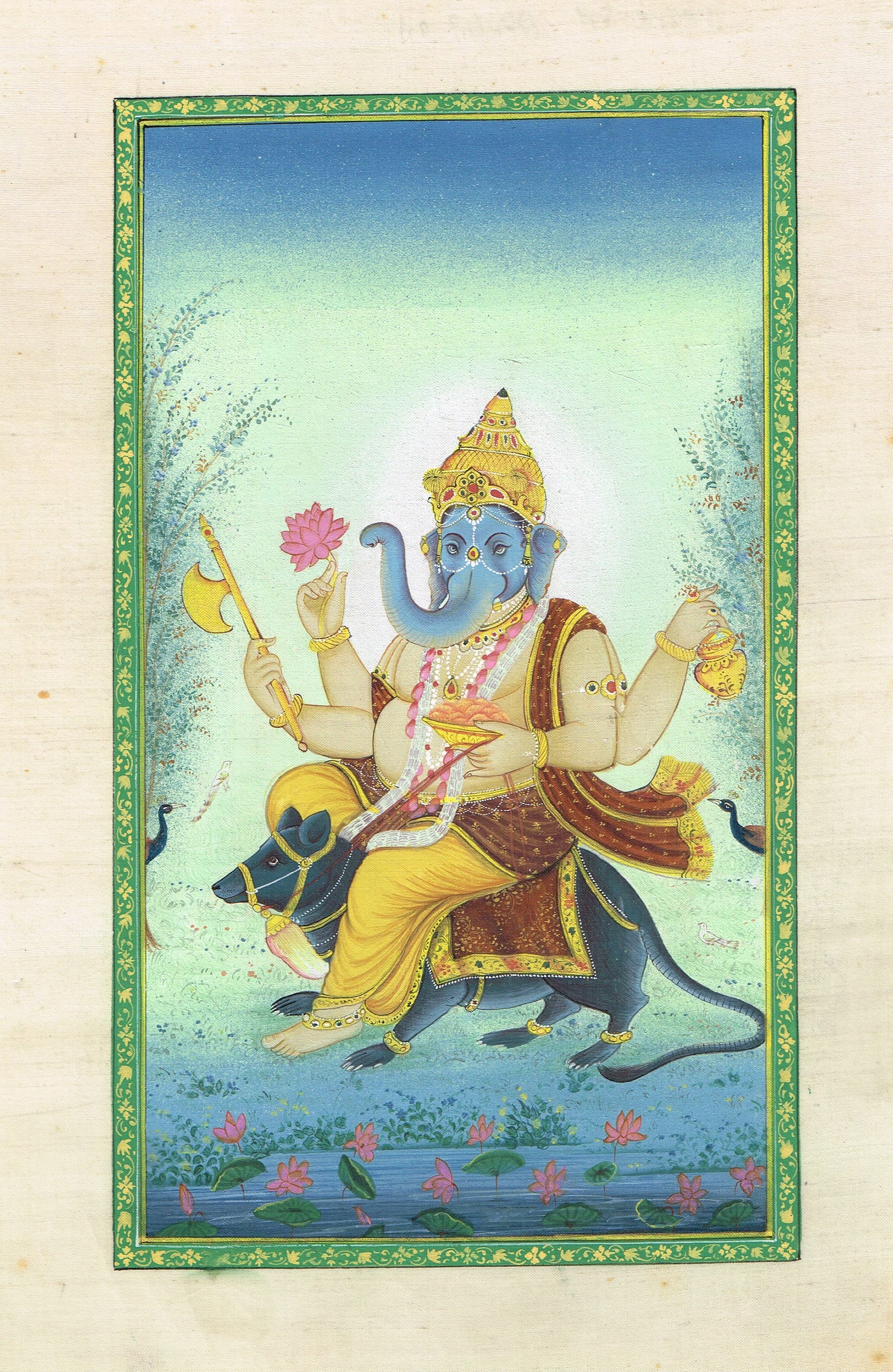 インド伝統細密画 手描き 象 ガネーシャ 金彩調 シルク画 額装約35×32cm 手作りのガネーシャ神絵画：シルクに描かれたヒンドゥー教の宗教芸術