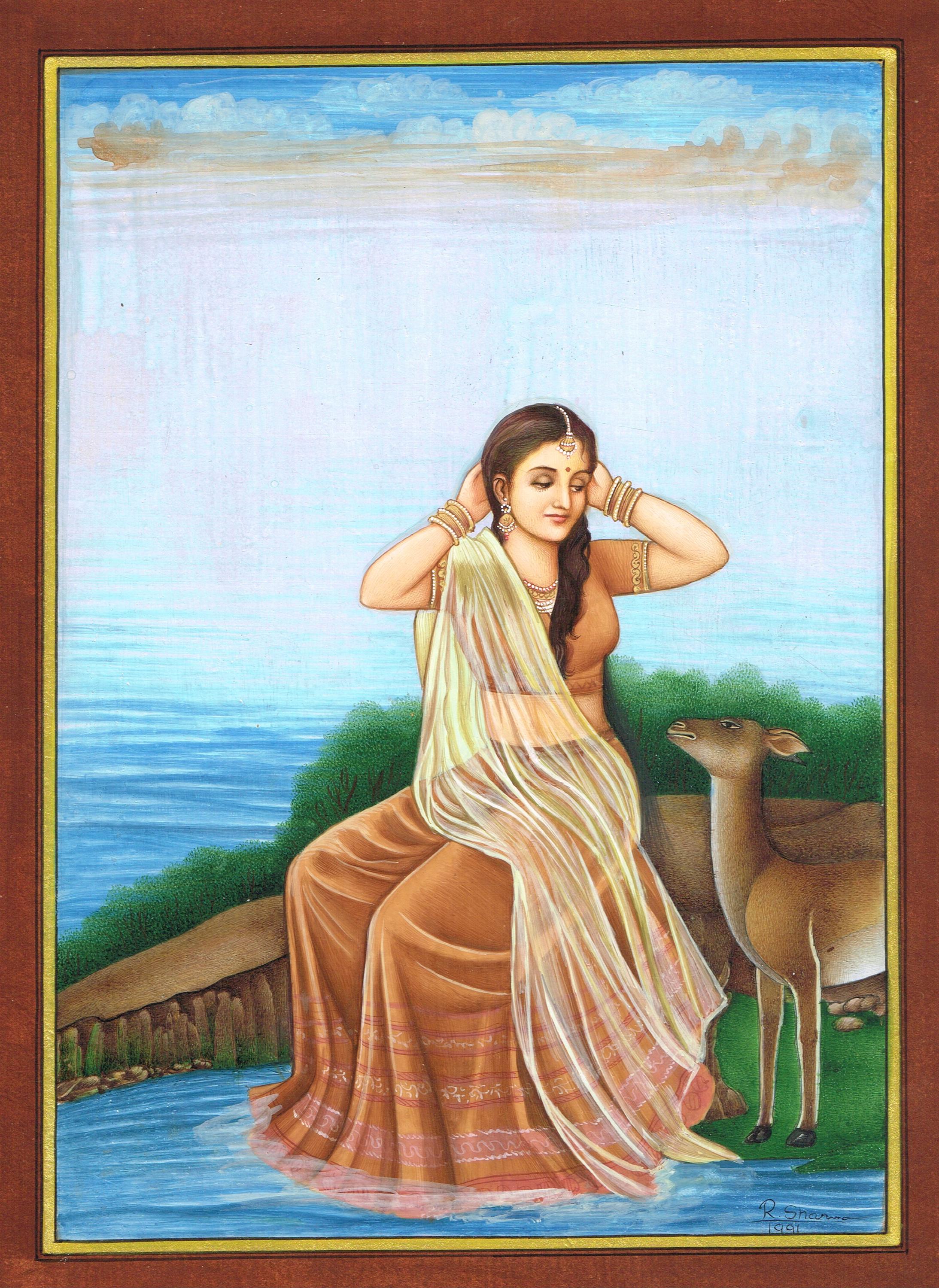 インド　タントラ　絵画　ヴィンテージ　アンティーク　細密画　ミニチュア　神話 インドの細密画：鹿と女性、自然アート（10.5x13.5インチ） - Etsy 日本
