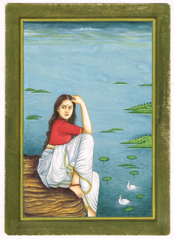 Handmade Indian Miniature Painting: Woman by Lake, Fine Art (7x10