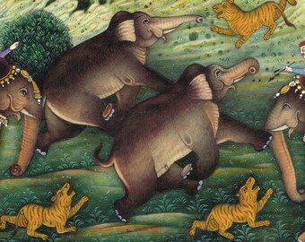 ムガル帝国の狩猟風景ミニチュア絵画：インド王、野生動物（9x8インチ