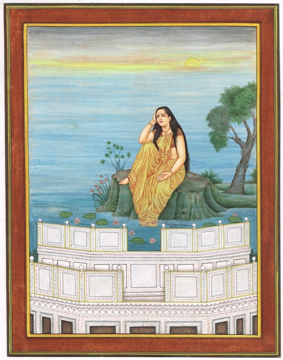 Gouache Virahini Nayika Painting: Indian Miniature Art, Real Gold
