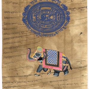 Dipinto di elefante decorato su carta da francobolli antica 9,5x12,5 pollici / Dipinto di animali fatto a mano per parete / Galleria d'arte di belle arti da appendere alla parete